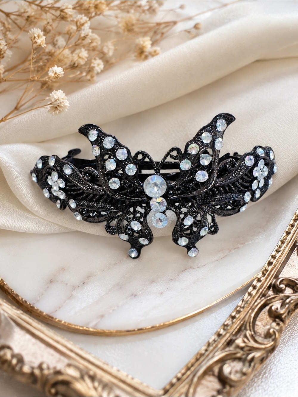 VTG Black Rhinestone Butterfly Hair Barrette Crystal French Hair Clip Elegant